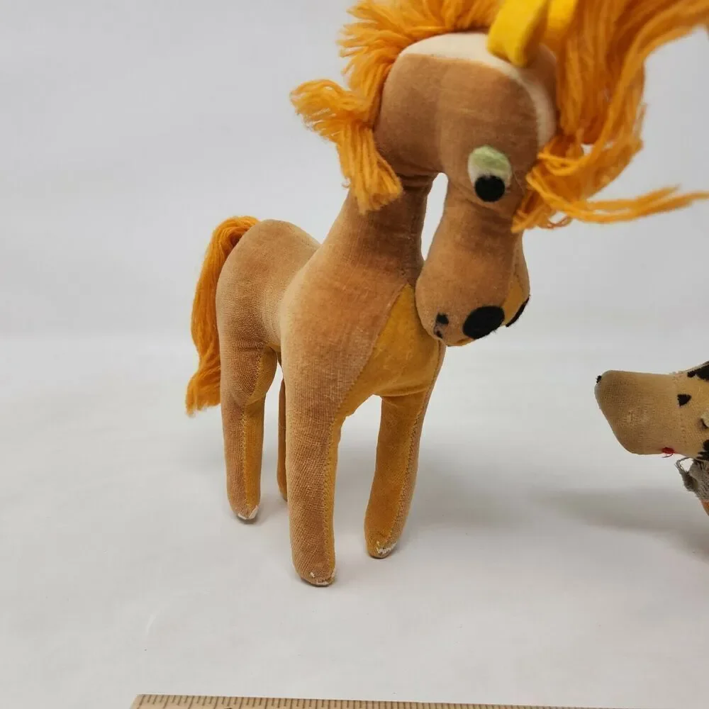 VINTAGE JAPAN PLUSH PRIZE BROWN HORSE SPOTTED DACHSUND ANIMAL TOY DOLL FELT EYES